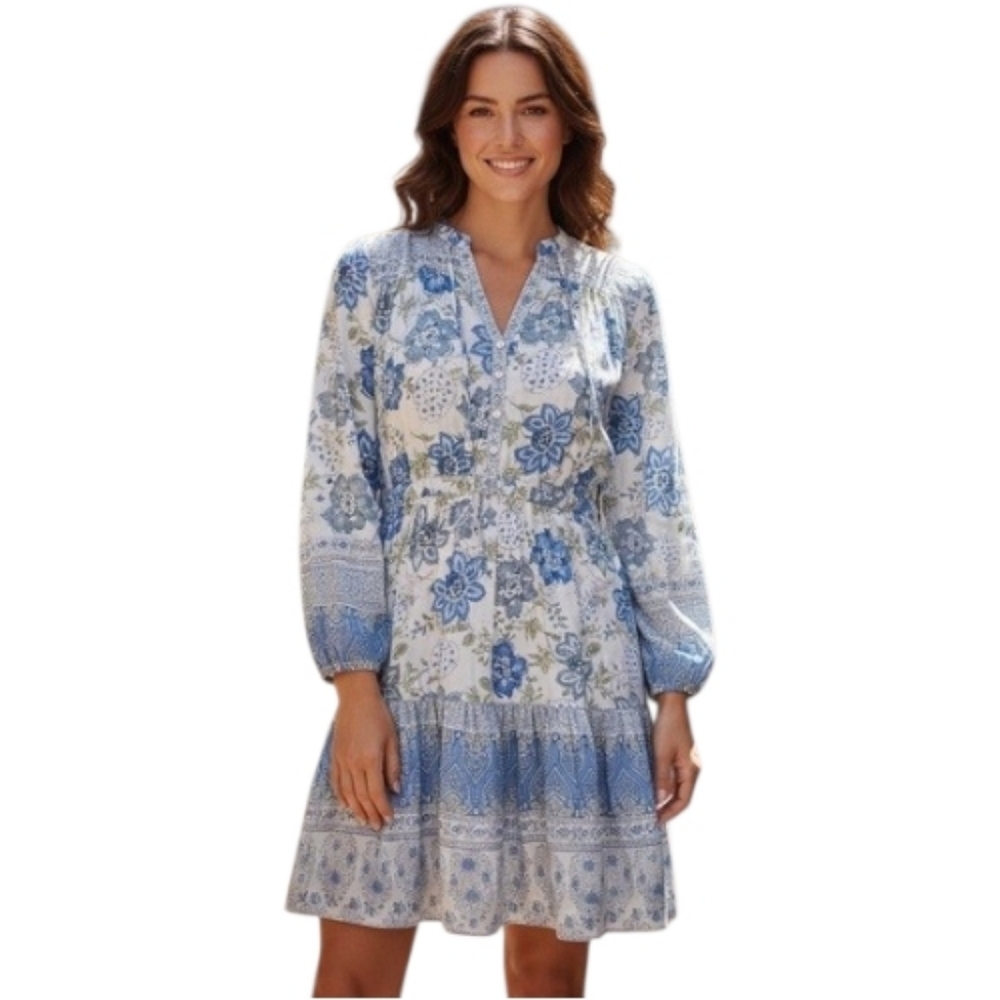 Lucky Brand Blue Floral Tiered Boho Dress Size Large Long Sleeves V Neck